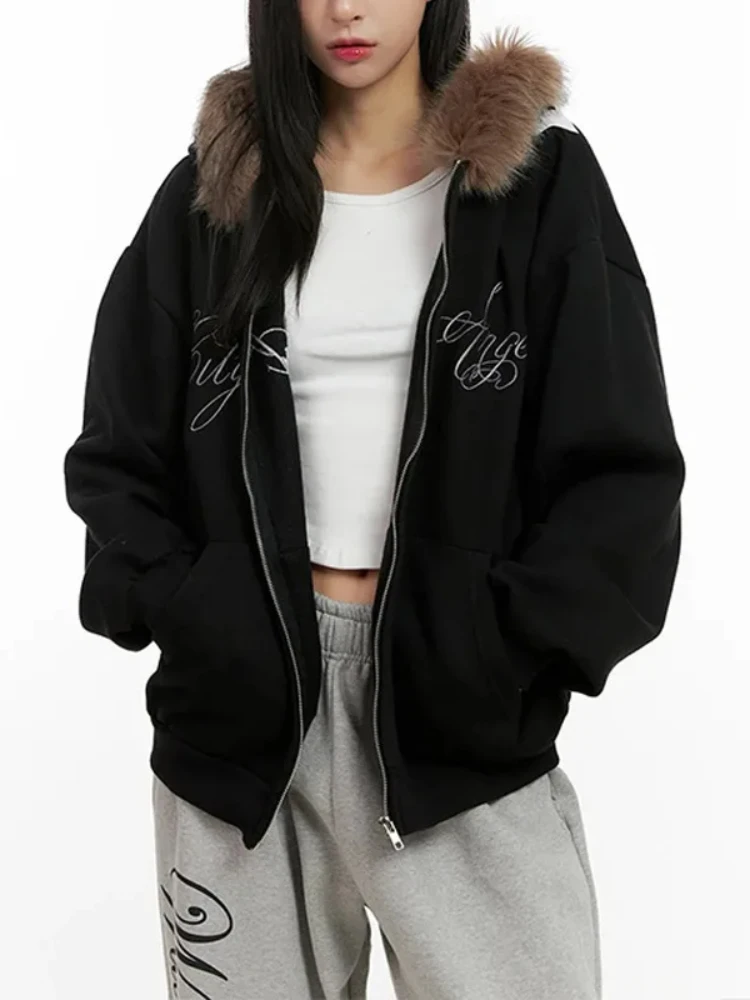 เสื้อฮู้ดฮาราจูกุสไตล์สตรีทแฟชั่น แต่งขนเฟอร์ ลายพิมพ์น่ารัก ซิปหน้า สไตล์อเมริกันเรโทร แขนยาว ลำลอง