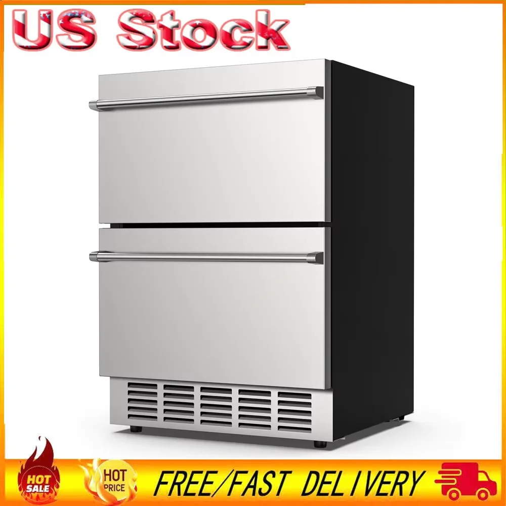 24 Inch Under Counter Double Drawer Fridge Indoor and Outdoor Beverage Refrigerator Stainless Steel Beverage Fridge  Foam Door