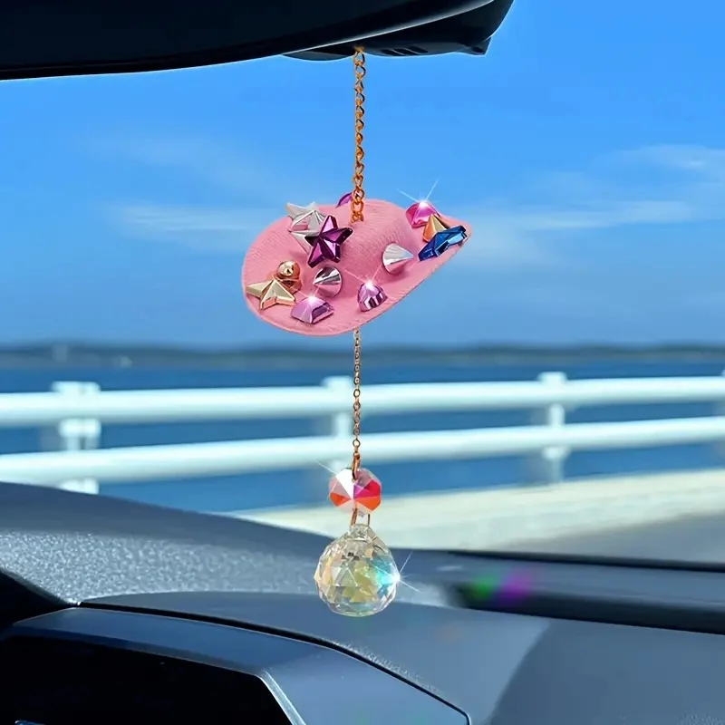 Sparkling Car Interior Pendant Decoration Pink Hat Design with Colorful Rhinestones and Crystal Drop Stylish Auto Accessories