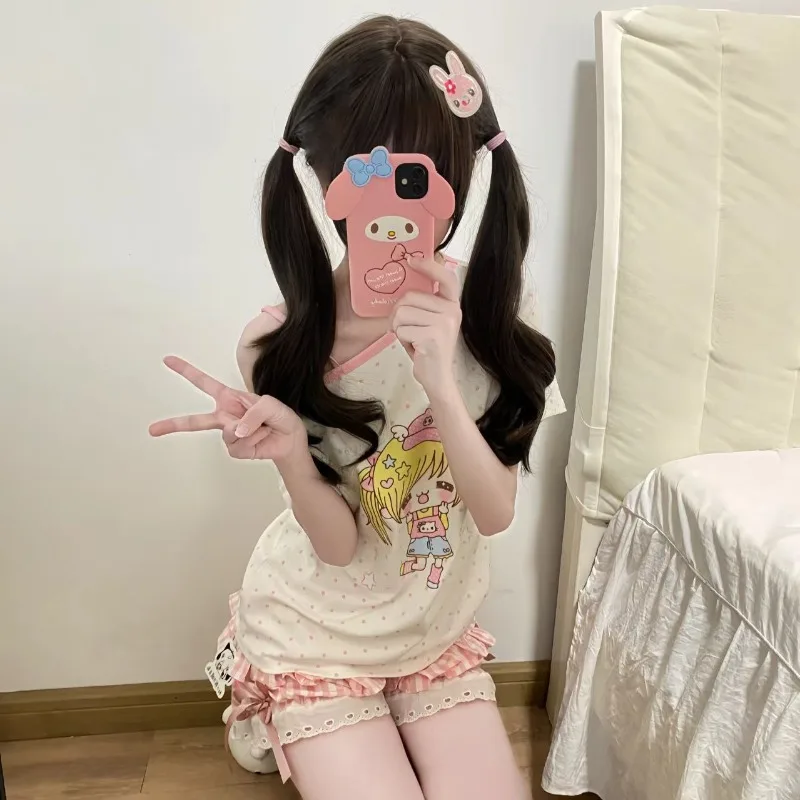 

Japanese Kawaii Cartoon Print Short-sleeve T-shirts Subculture Sweet Polka Dot Casual Tees Dopamine Halter Design Loose Chic Top