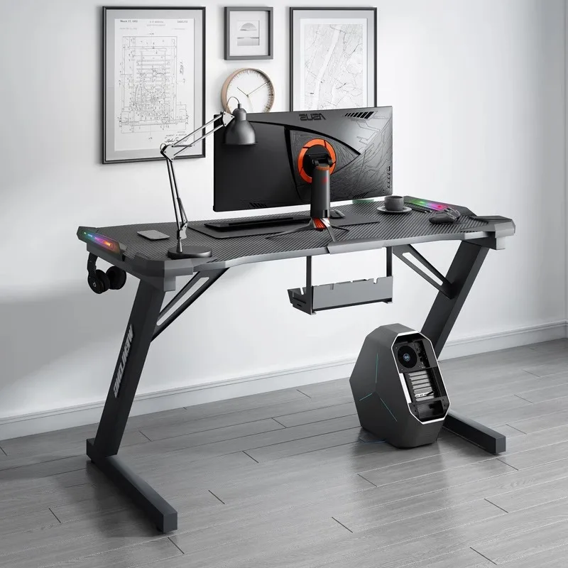 Black Carbon Fiber Gaming Desk, Desktop Office Home Computer, Tabela de jogos competitivos, Armadura RGB, Iluminação ambiente