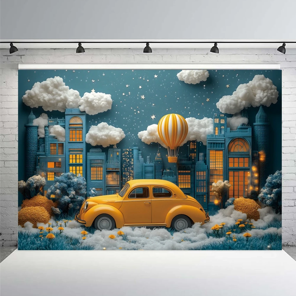 Boy 1st Birthday Yellow Car Backdrop Photography Dreamy Urban Blue Sky Clouds Hot Air Balloons Kids Cake Smash Photo Backgrounds