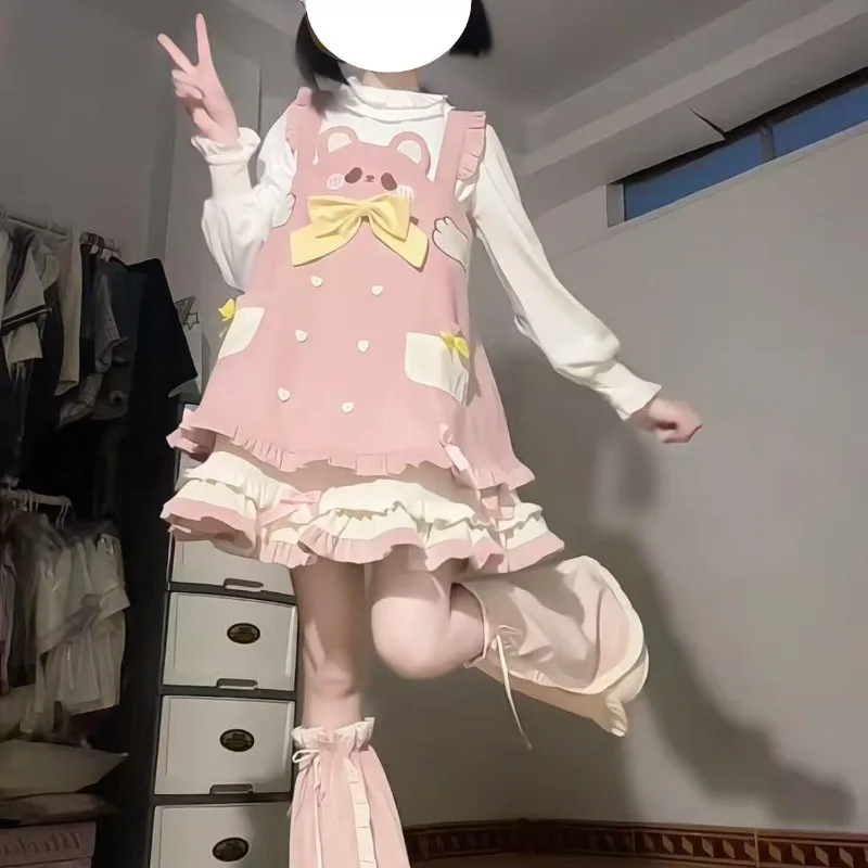 

Japanese Cute Bear Dress Cosplay kawaii Embroidered Bow Strap JSK Full Set for Women Soft Girl College Stlye Lolita Tea Party
