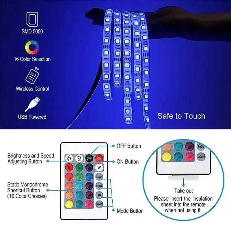 RGB 5050 LED Strip Lights USB 5V Remote Control  Flexible Ribbon Led Lamp Tape 30Leds/M Dimmable For Home Room Party decoration