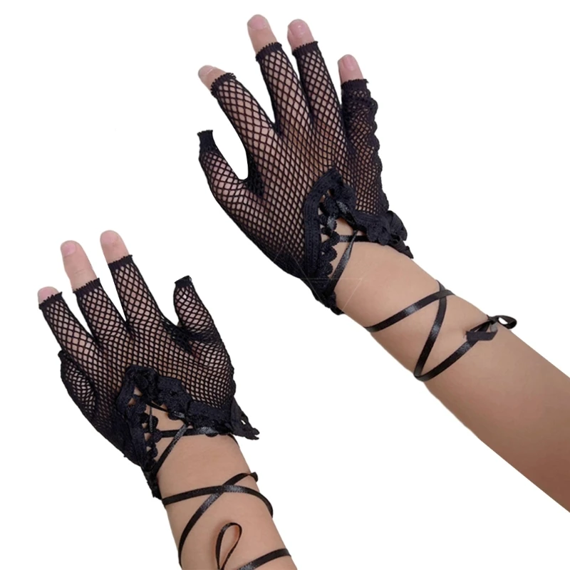 

Women Gothic Elastic Mesh Gloves with Bandage Rope Half Finger Gloves Carnival Stage Performance Hollow out Fishnet Punk Mittens