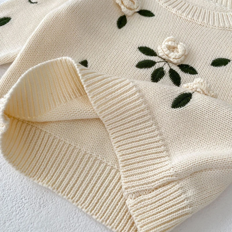 Autumn New Baby Clothing, 0-3-year-old Girl Baby Handmade Flower Embroidered Pullover Knitted Sweater Top