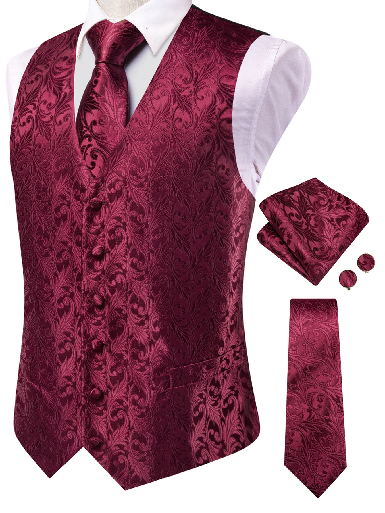 Herren Orange Blau Schwarz Tropische Pflanzen Jacquard Anzugweste Taschentuch Manschettenknöpfe 4-teiliges Set für Hochzeitszeremonien – Detail 6
