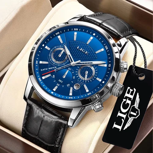 Imagen 2 del producto Relojes LIGE de negocios para hombre, reloj deportivo resistente al agua de lujo para hombre, cronógrafo de cuero genuino, reloj de pulsera de cuarzo para hombre, reloj Masculino