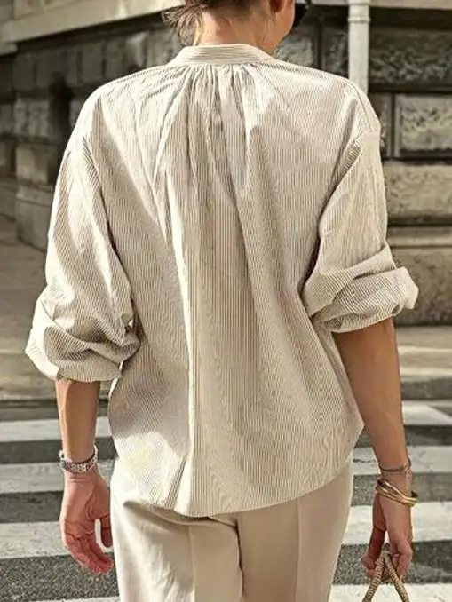 2025 أنيقة جديدة الخريف والشتاء مخطط الصدر التعادل الخامس الرقبة قميص غير رسمي وكسول بلايز الملابس النسائية #2