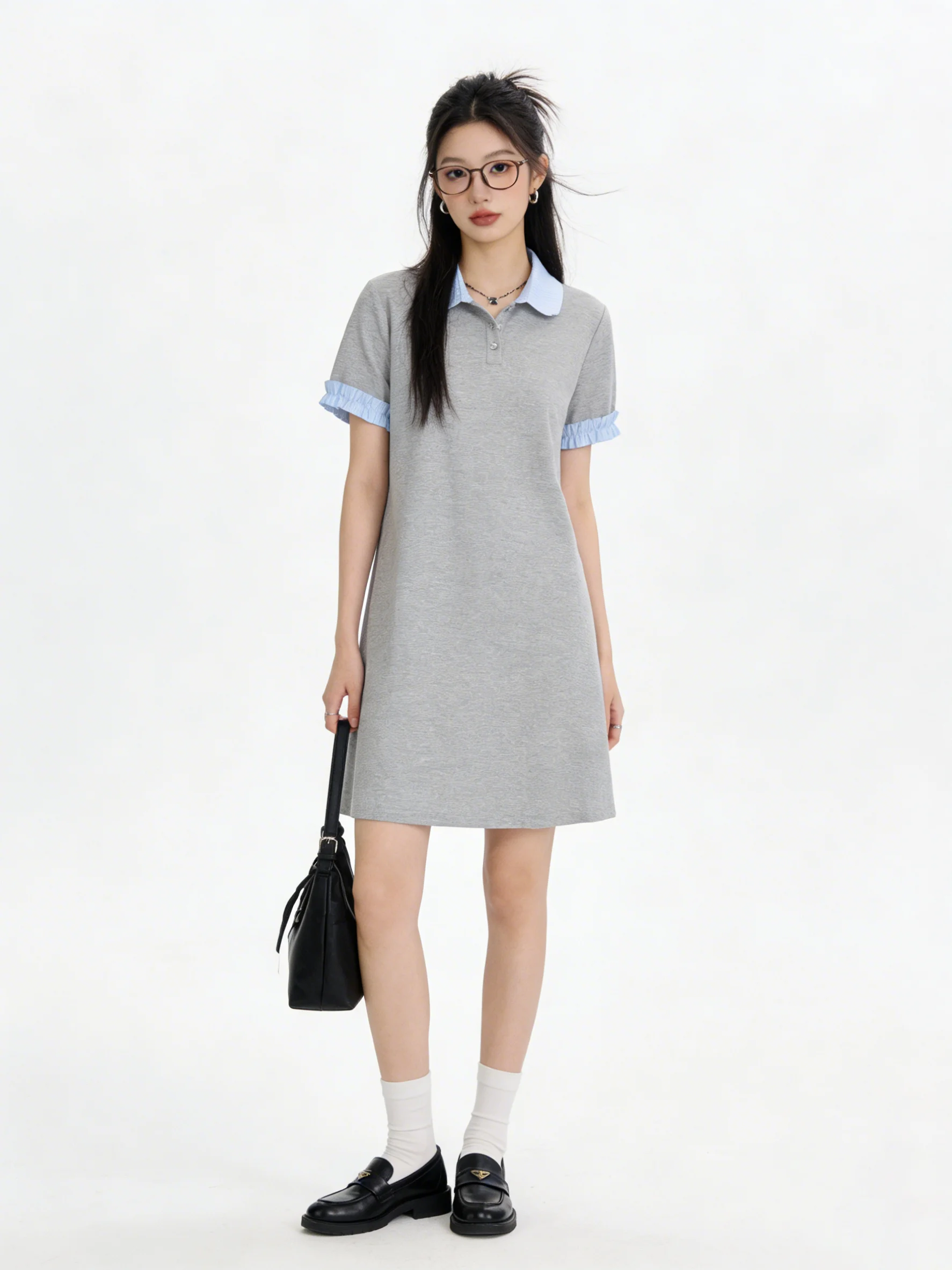 

Casual Dress Korean Style Stripe Collar Ruffle Short Sleeve Patchwork Summer Loose Straight Tube Skirt for Women