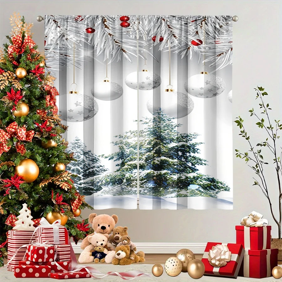 2PCS Christmas Winter Curtains, Silver Pine Branch Ball Snowy Tree White Elegant, Digital Print, Bedroom Living Room, Home Decor