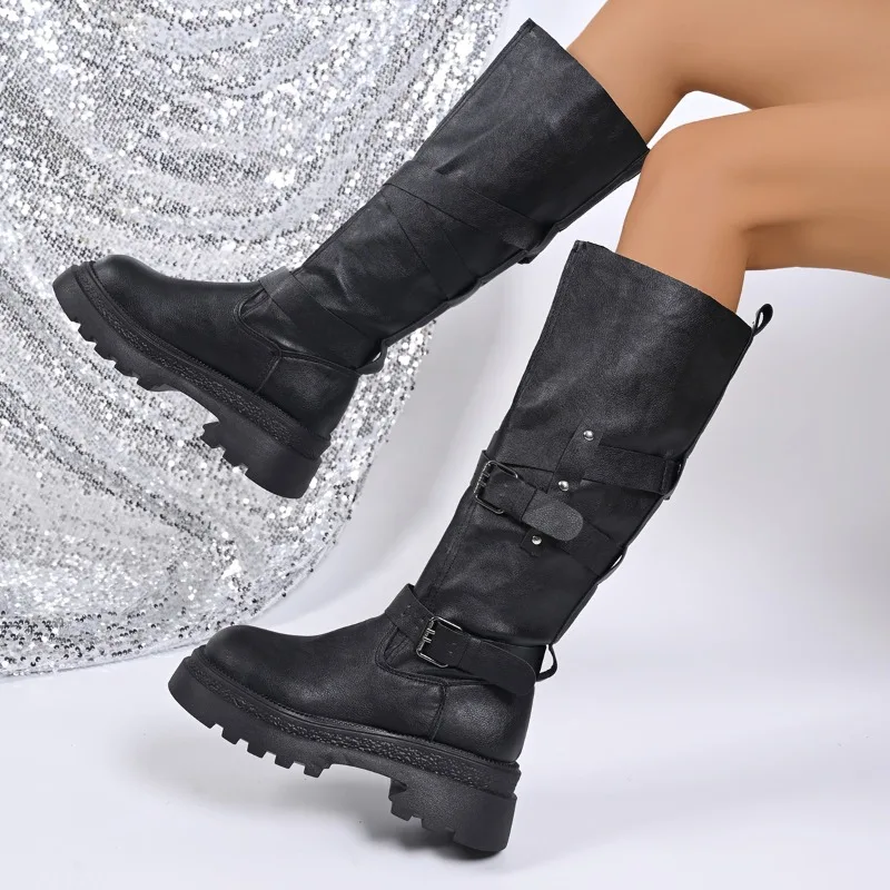 منصة فارس الأحذية خريف 2025 جديد جولة تو طويل القامة مشبك الدانتيل متابعة كتلة كعب أحذية رعاة البقر الغربية #2