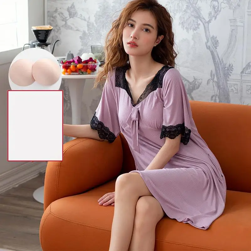 봄 여름 새로운 여성 레이스 코튼 인쇄 여성 슬리브 Nightdress 레이디 느슨한 섹시한 칼라 Sleepdress Homedress