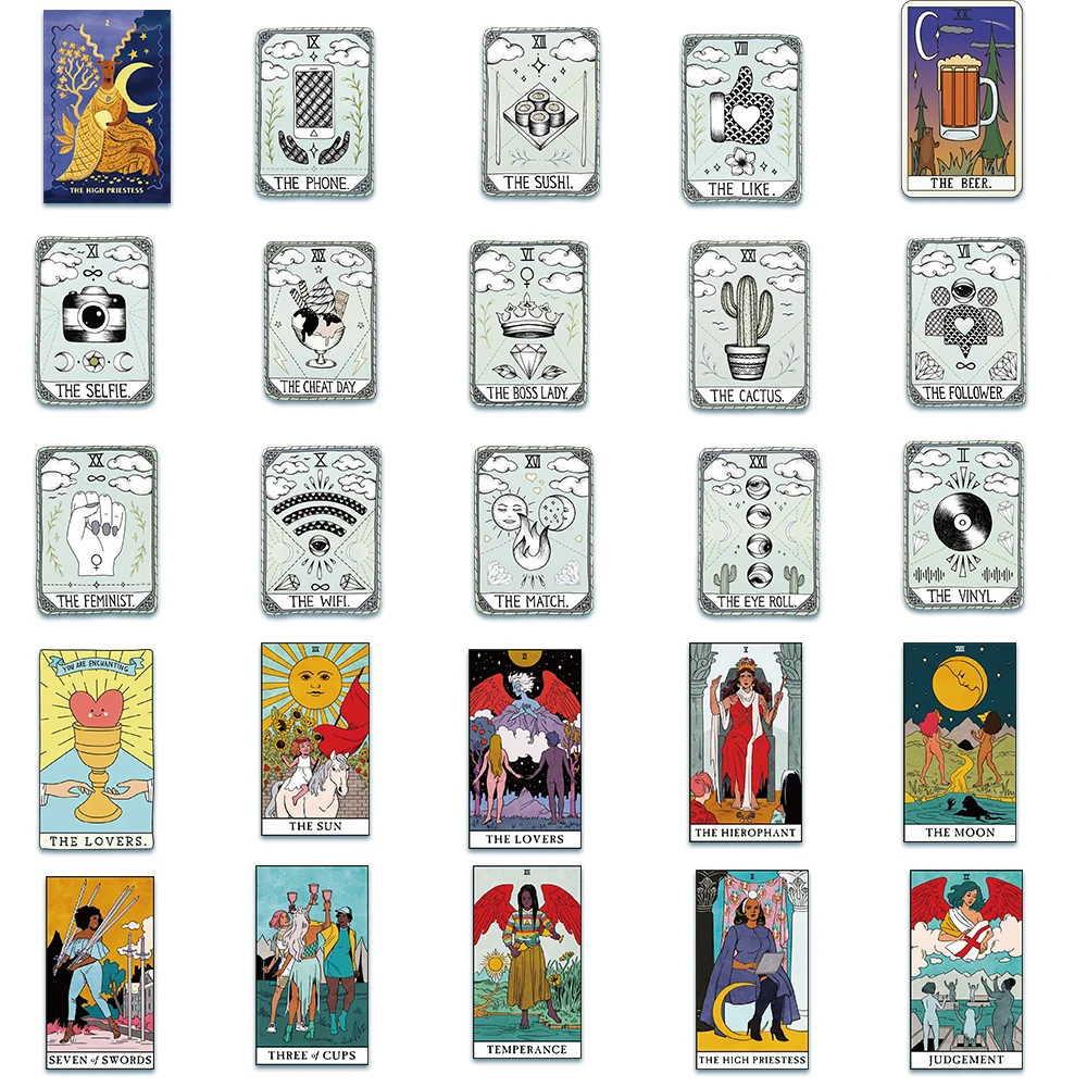 Pegatinas clásicas de Tarot de dibujos animados para ordenador portátil, teléfono, equipaje, nevera, grafiti impermeable, casco de bicicleta, calcomanías de coche, 50 piezas