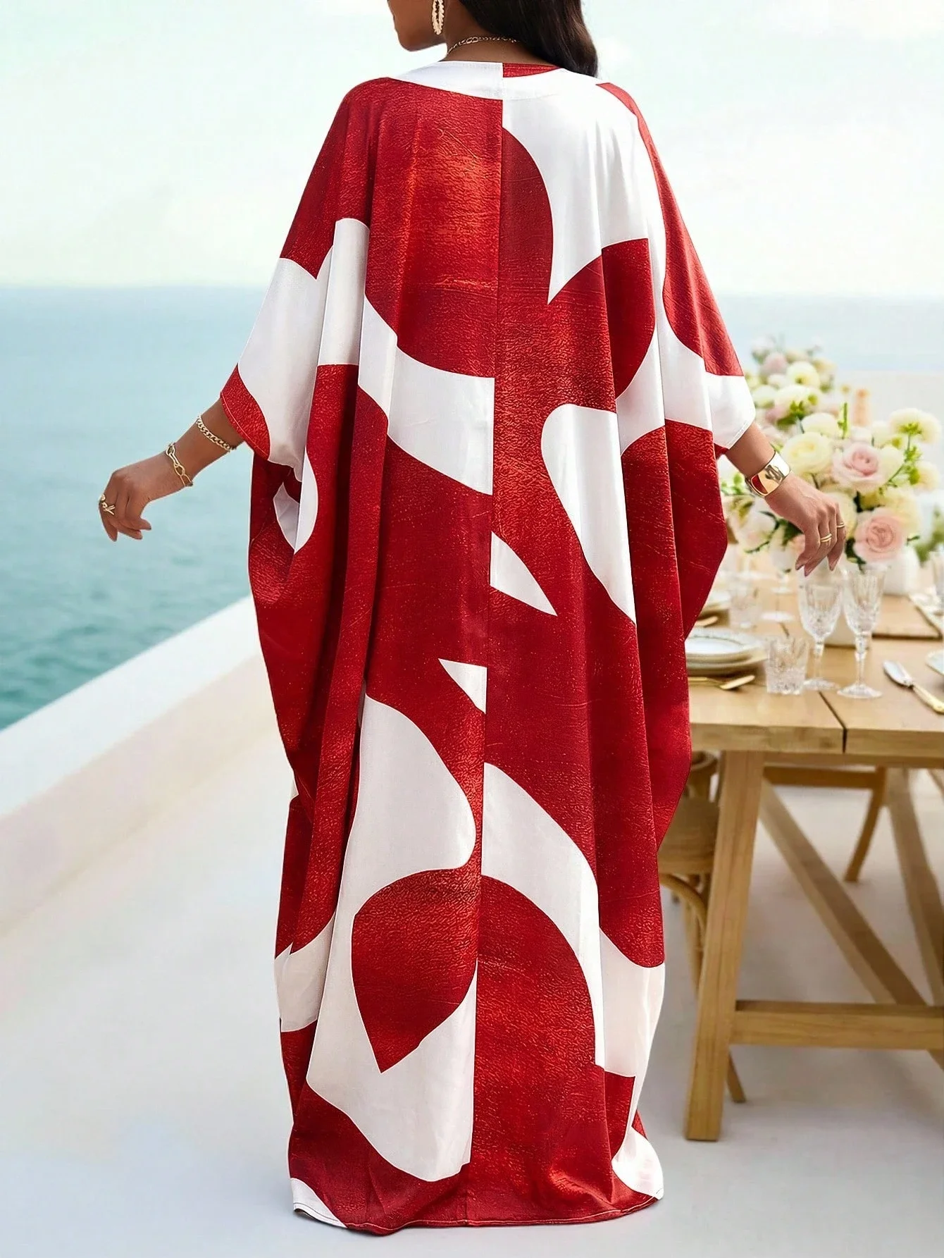 

Red White Abstract Print Sleeveless A-Line Maxi Dress Plus Size