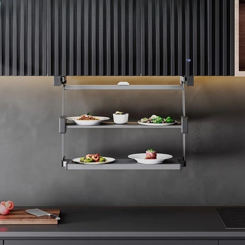 Kitchen shelf folding pull-down double-layer telescopic seasoning cupboard, dish storage and meal preparation rack