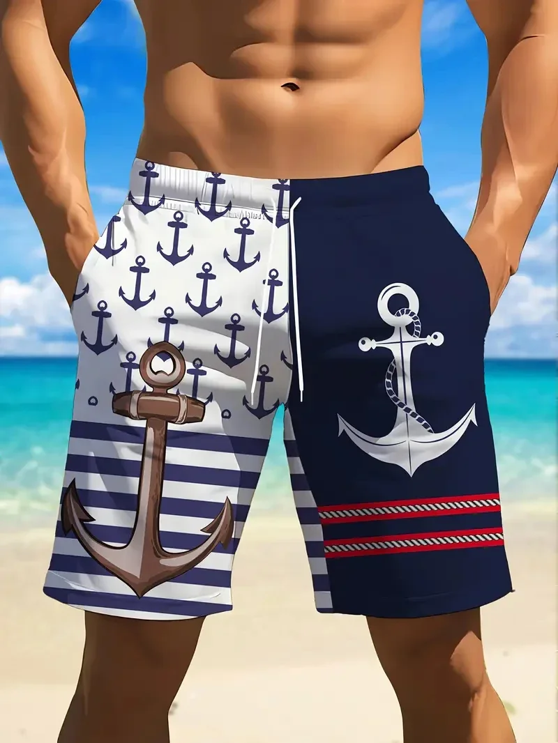 2026 New Trendy Men's Anchor-Print Beach Shorts Summer Style 3D-Printed Swim Trunks Y2K Aesthetic Quick-Drying Breathable