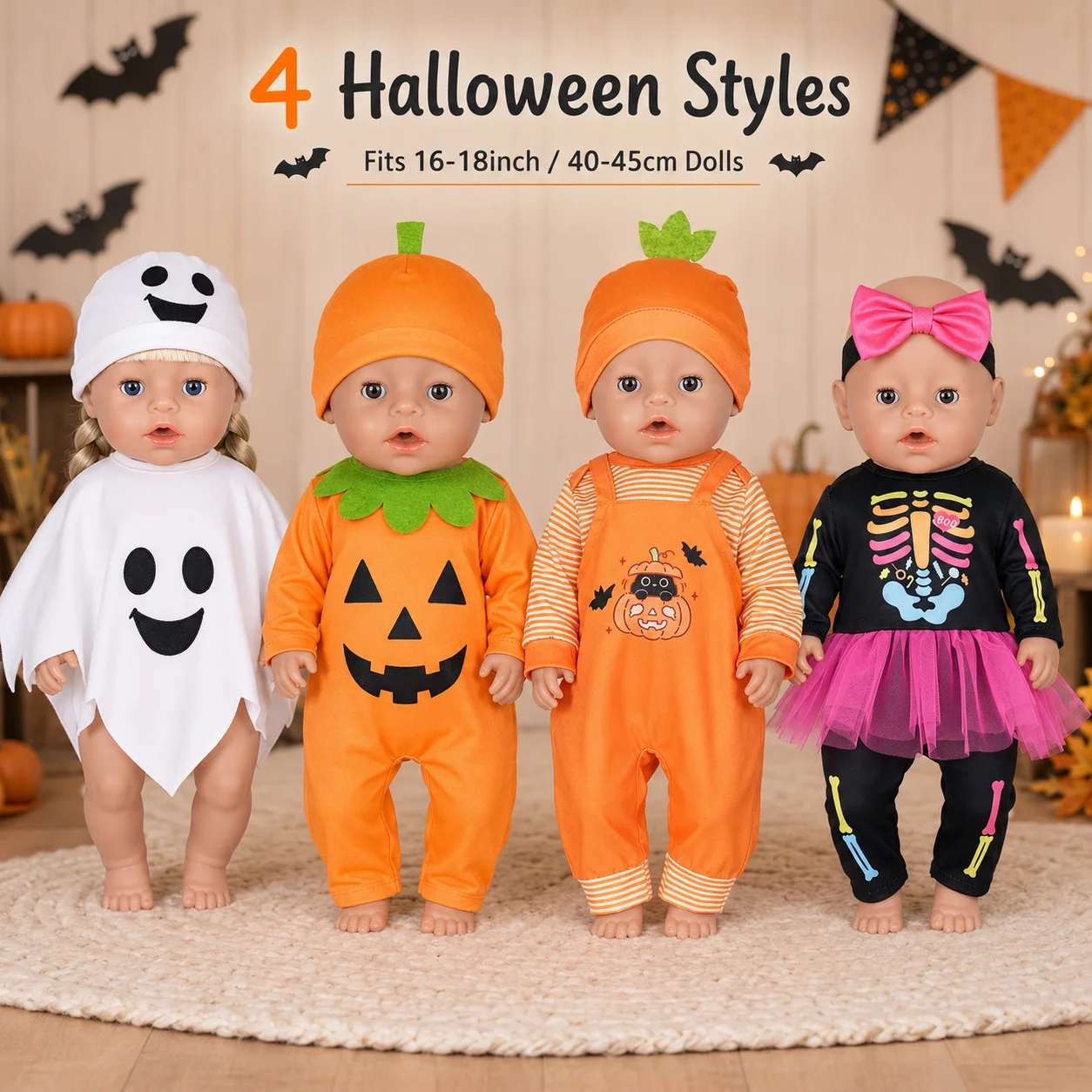 Halloween Puppenkleidung für Reborn Puppe 40-45cm 16-18 Zoll, Kürbis Geist Skelett Kostüm, Outfit für American Girl Puppe Puppenzubehör Set Geschenk – Detail 1