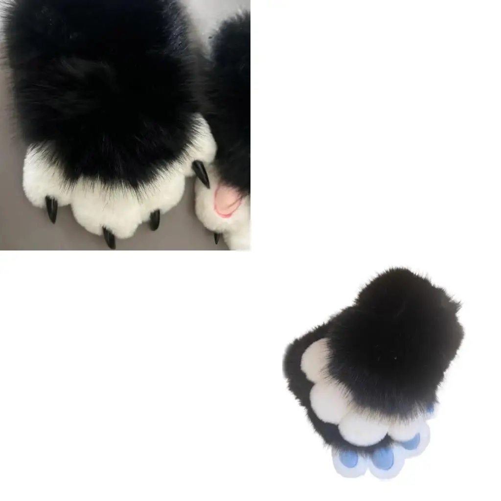 

652F Faux Furs Cats Claw Gloves Therians Paws Plush Fursuit Paws Halloween Cosplay Costume Animal Foxes Paws Mitten Women Men