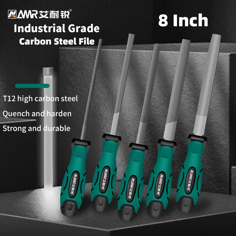 AMR 1pc Metal File 8 Inch Professional Carbon Steel Flat/Half-Round/Triangular Square Round File for Metal Work