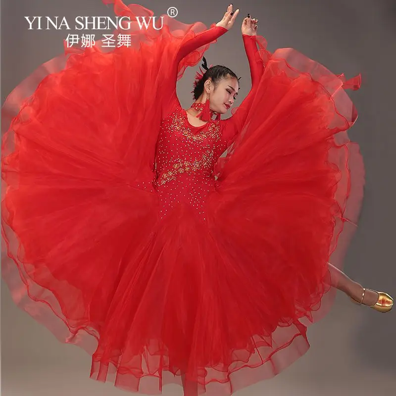 جولة الرقبة الماس التدرج النساء قاعة الرقص المنافسة فستان الفالس فستان رومبا أزياء رقص الكرة ثوب S-XXL