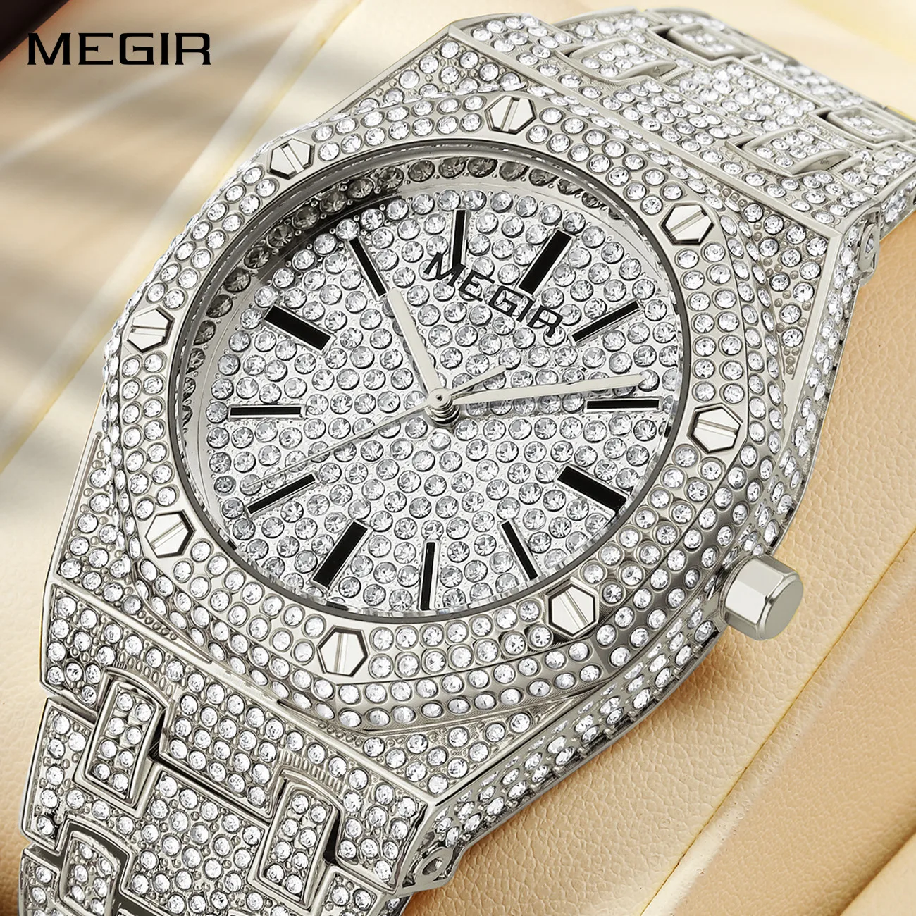 

MEGIR мужские часы элегантные роскошные наручные часы с бриллиантами водостойкие кварцевые часы из нержавеющей стали бизнес-подарок для мужчин Montre Homme