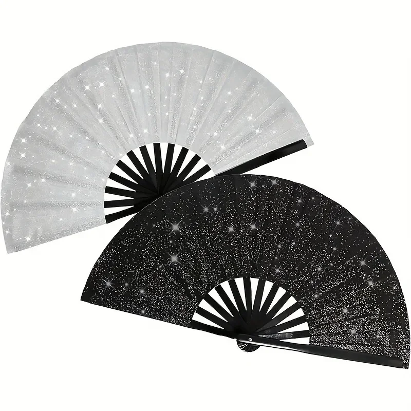 13 Inch Glitter Kung Fu Fan, Cloth Surface Bamboo Hand Fan for Concert Party Cheering