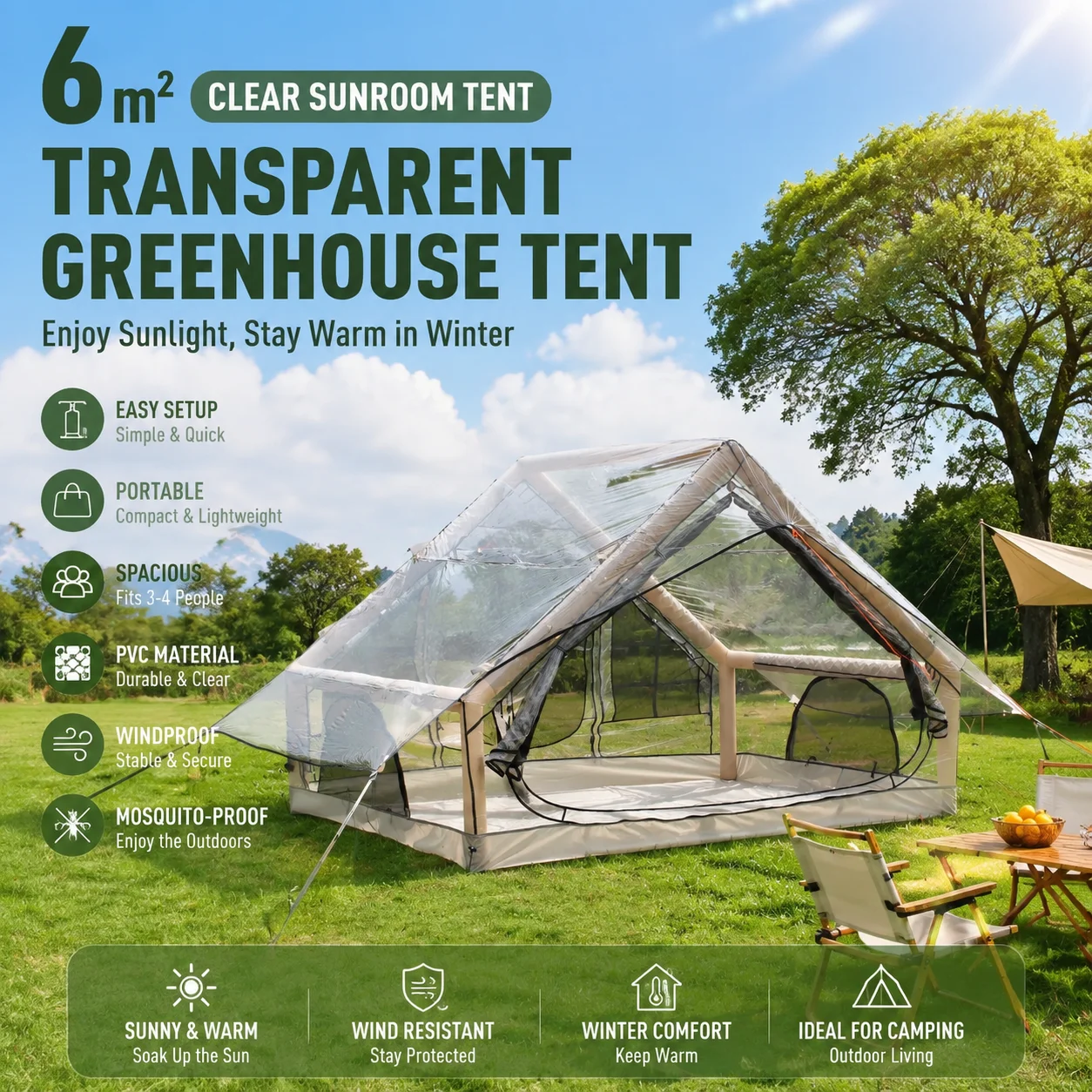 4-Person, 6 sq m Inflatable Bubble Tent with Mosquito Net, Transparent PVC Glamping Tent, 360° Panoramic Outdoor Camping Shelter