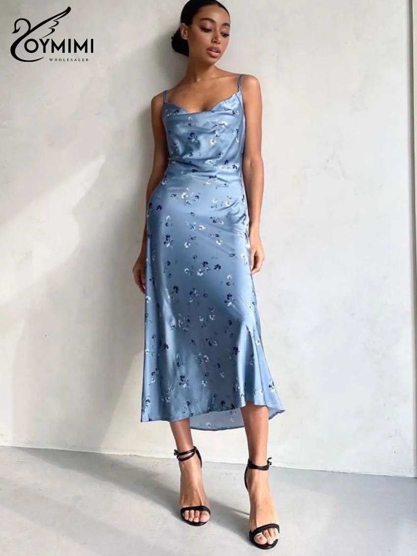 

Oymimi Women's Slate Blue Ditsy Floral Textured Satin Slip Dress 2026 Spring Cowl Neck Bias Cut Midi Party & Date Night Outfit
