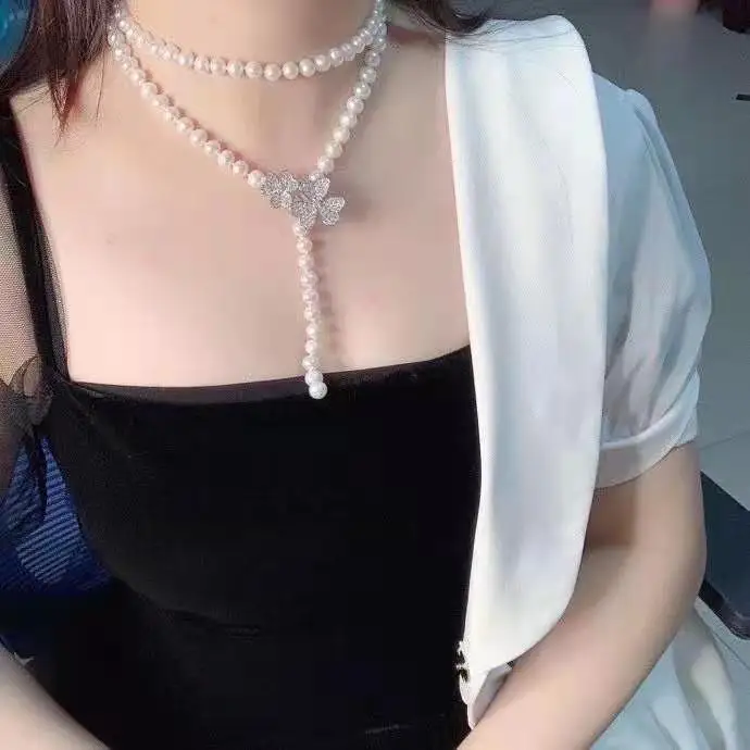 Hand knotted natural 90cm 7-8mm white freshwater pearl micro inlay zircon butterfly accessories necklace sweater chain