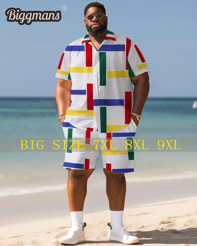 Biggmans Shirt Plus Size Set L-9Xl for Summer Beach Clothing Oversize Hawaii Suit Hawaiian Colorful Block Print Shirt Shorts 7XL