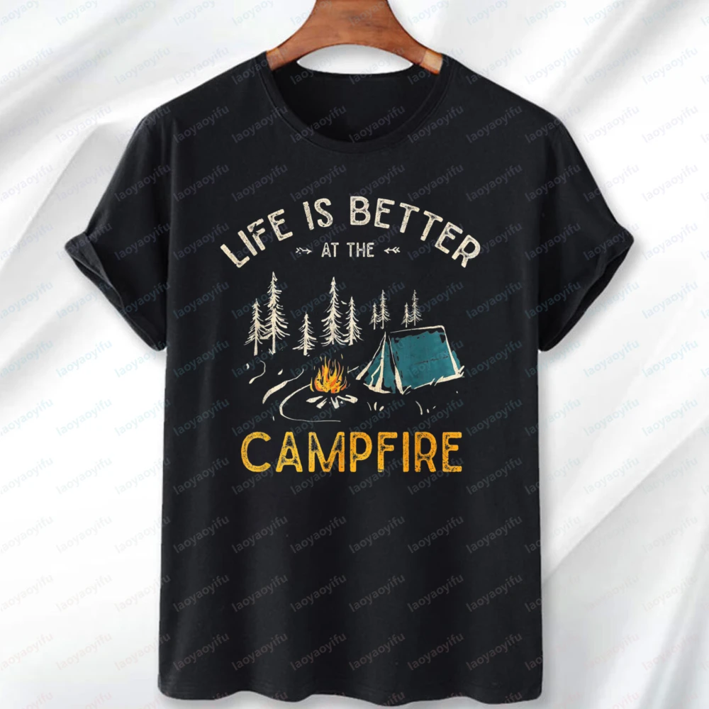 

Life Is Better At The Campfire Tshirt Vintage Camping Campfire Graphic Tee Trend Outdoors Breathable Quick Drying Men's Clothing