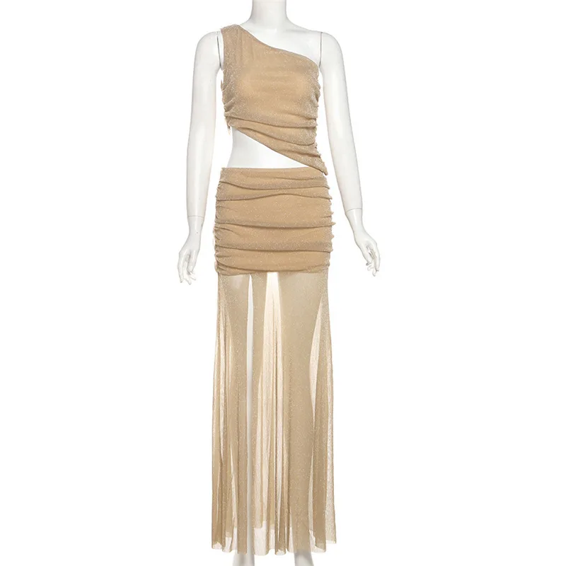 2025 Summer Aesthetic Two Pieces Set Skew Collar One-shoulder Irregular Tops Women Harajuku Pleated See Through Long Skirts Suit image 5