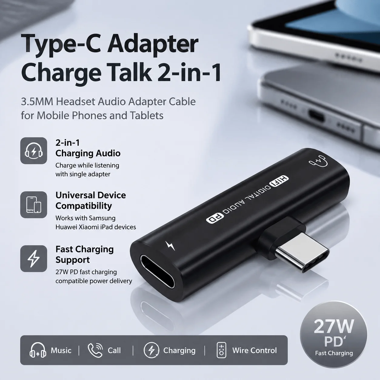 Type C To 3.5Mm USB C Audio Adapter 2 In 1 Charging Headphone Jack Converter For Samsung iPad Fast Charge Aluminum Aux Cable