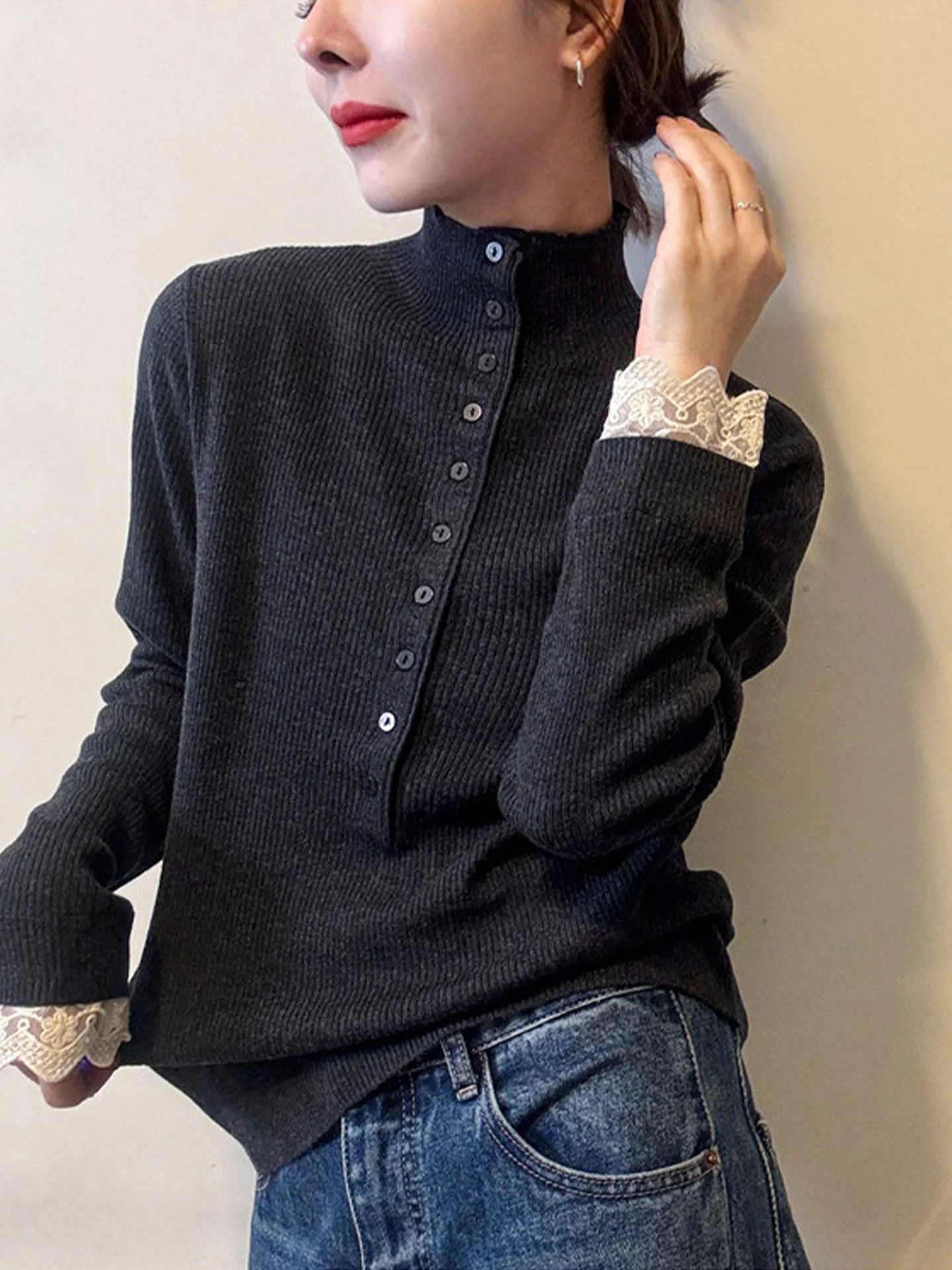 الشتاء Faion تنوعا طويلة Sve محبوك الدانتيل الربط تصميم f عالية طوق Camere المرأة سترة مريحة تناسب #5