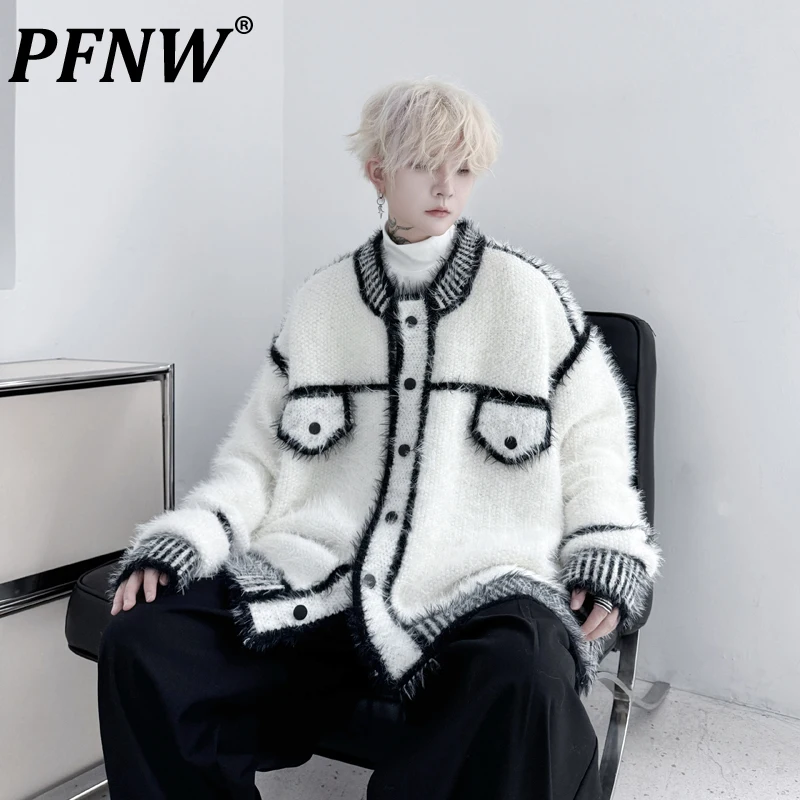 PFNW Black White Jacquard Colorblock Design Loose Men's Knitted Cardigan Thick Sweater 2024 Winter Single Breasted Tops 28W5409