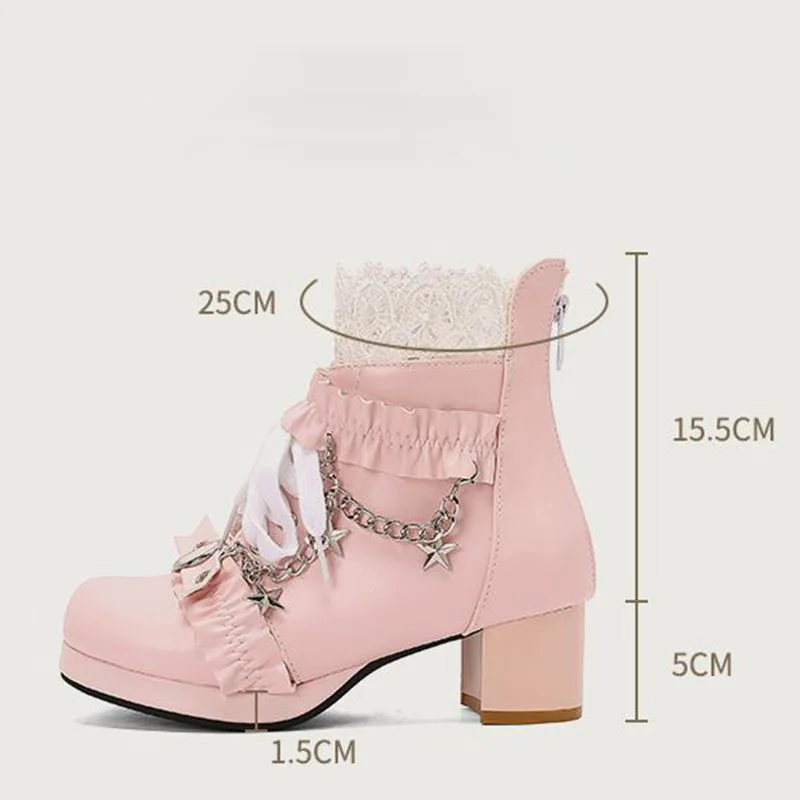 

ORCHA LISA Ботильоны для девочек в стиле Лолиты с круглым носком, платформа 5 см, молния, шнуровка, металлическая цепочка, декор, большие размеры 41–43 Sweet Daily