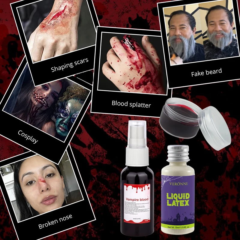 Fake Blood Liquid Latex 3Pcs Set 30ml Blood Spray 20g Blood Paste SFX Makeup Kit for Halloween Zombie Vampire Cosplay Wound Scar