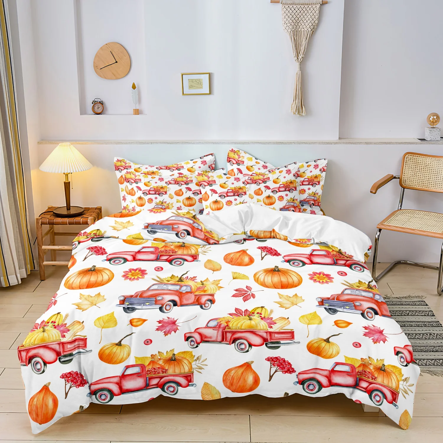  3 Pieces Autumn Red Truck Print Duvet Cover Set, Pumpkin Maple Berry Vintage Pickup Truck Season Pattern Bedding
