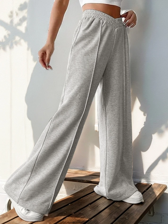 Athleisure Damenhose, graue, lockere Hose mit weitem Bein, V-förmige, hohe Taille, gespleißte Hose mit weitem Bein, 2024, lässige, lockere Damenhose