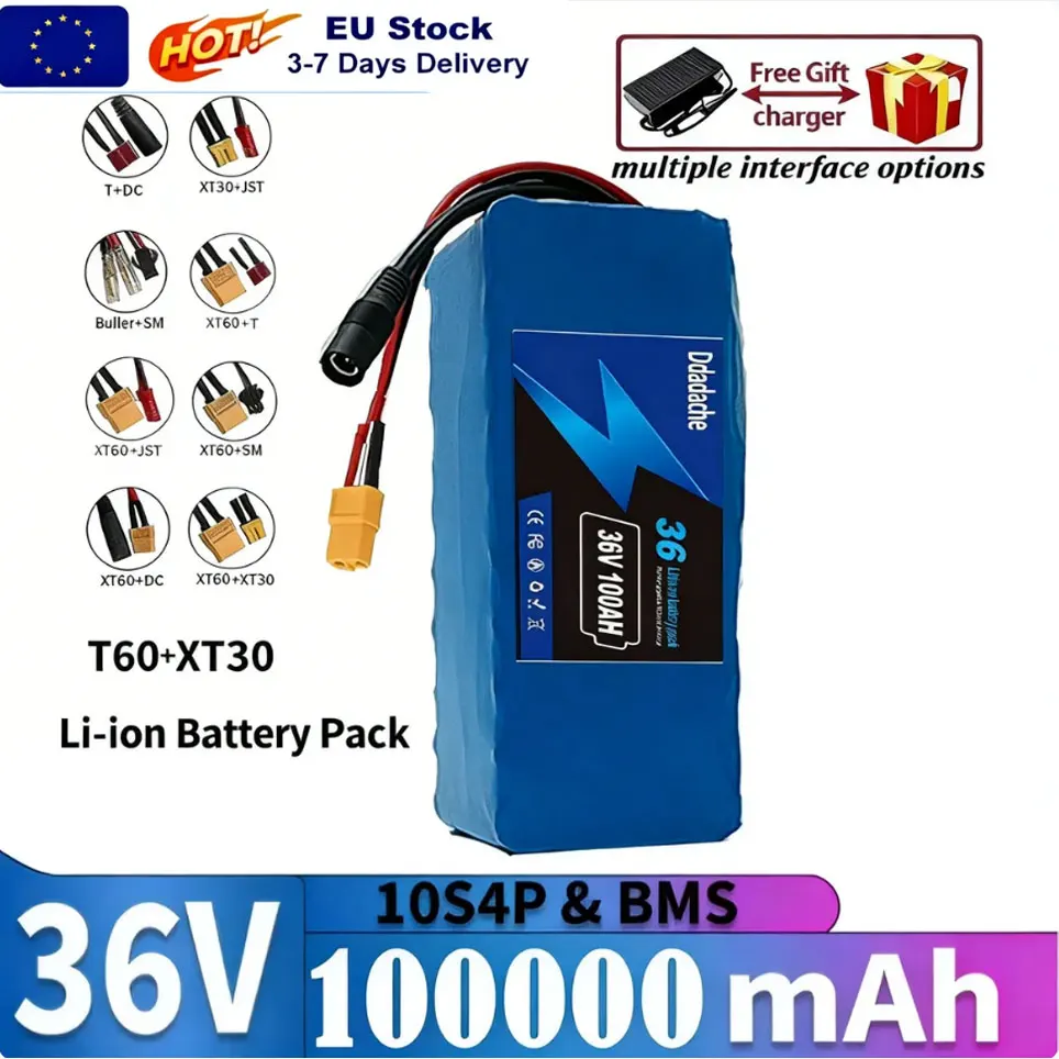 Batterie 36V 100Ah 18650, 10S3P, 100000mAh, avec BMS 15A intégré, nouveauté 2026 🍊 Batterie 250W-500W + chargeur 42V 2A