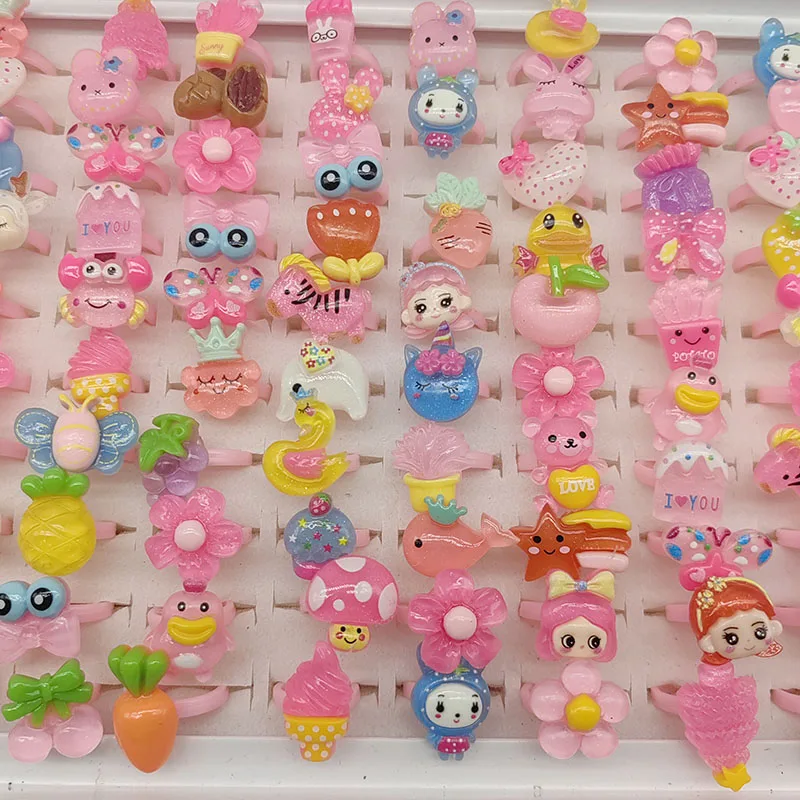 100pcs/Lot Wholesale Children Finger Rings for Girls Party Pink Cute Jewelry Open Adjust Resin Ring Cake Animal Fruit Ice Cream