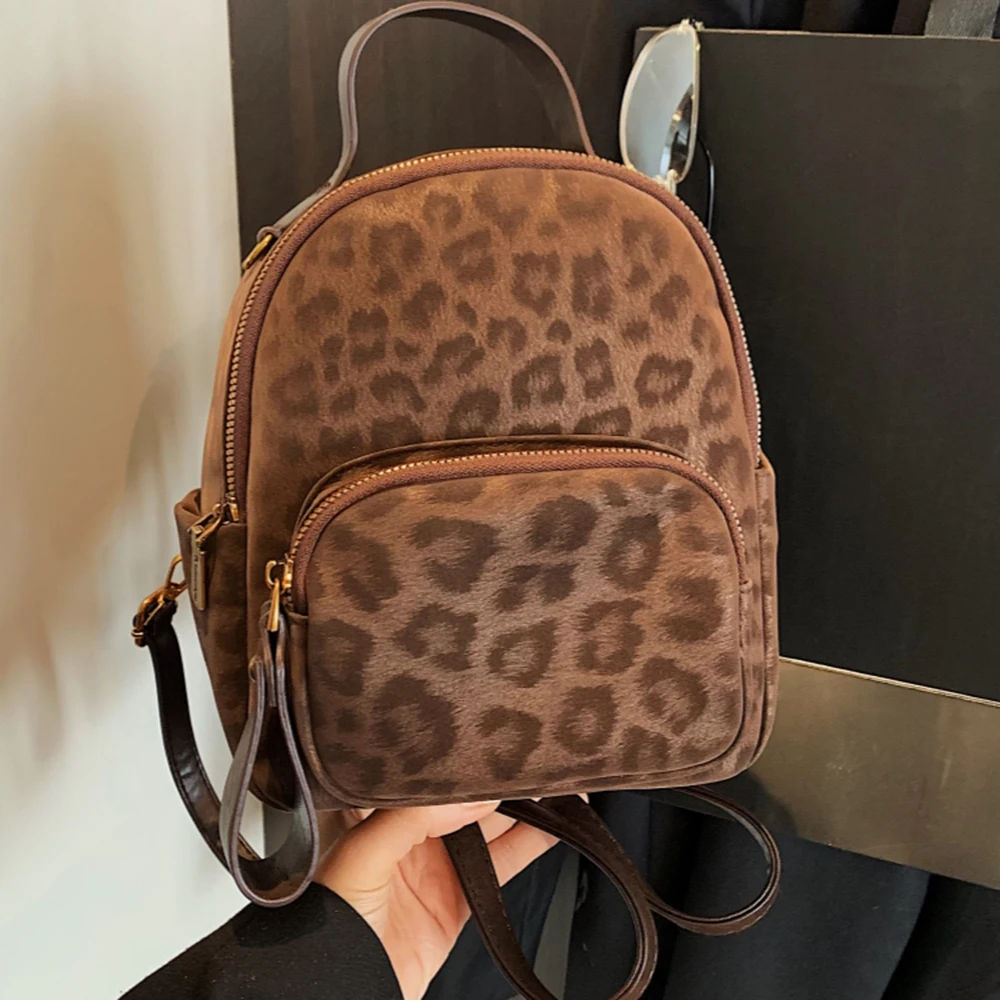 Korean Small Backpack for Women 2026 New Trendy Vintage Leopard Versatile Double Shoulder Bag Casual Simple Student Handbag