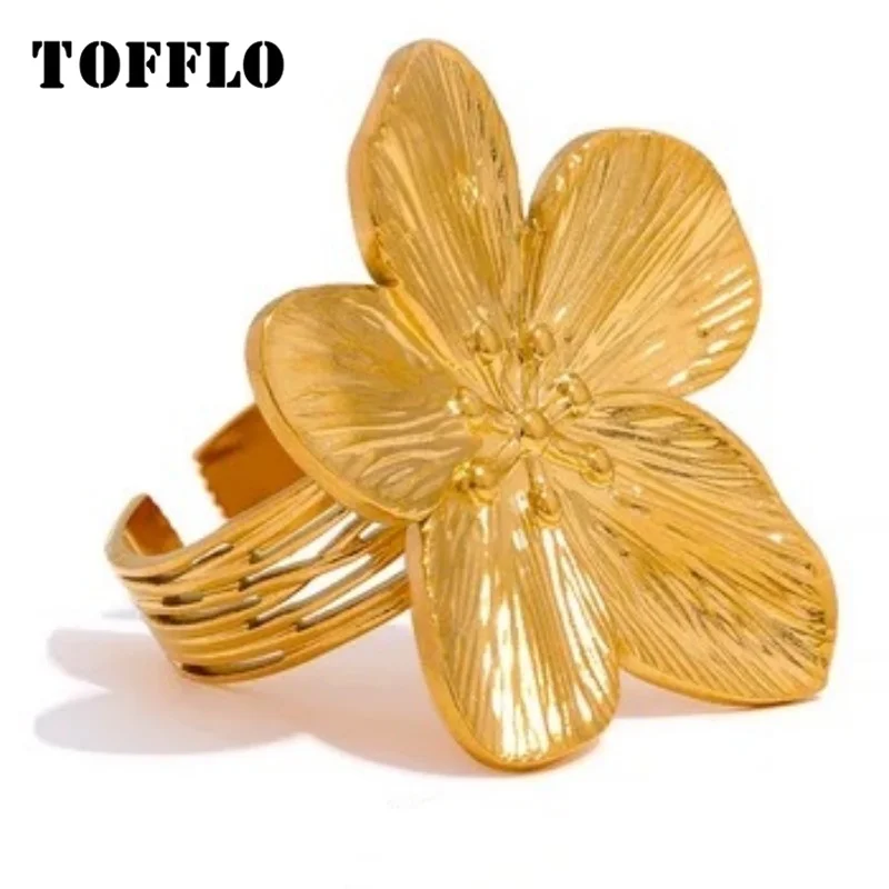 TOFFLO Waterproof Stainless Steel Flower Big Open Ring for Women Trendy Fashion Party Summer Statement Jewelry BSA074