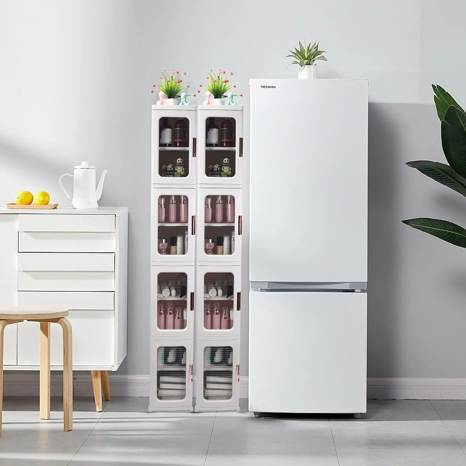 

Пластиковый высокий узкий шкаф для хранения вещей, с подвижными колесами, регулируемыми полками, тонкий, белый, для небольшого пространства, ванных комнат, кухни, Livin