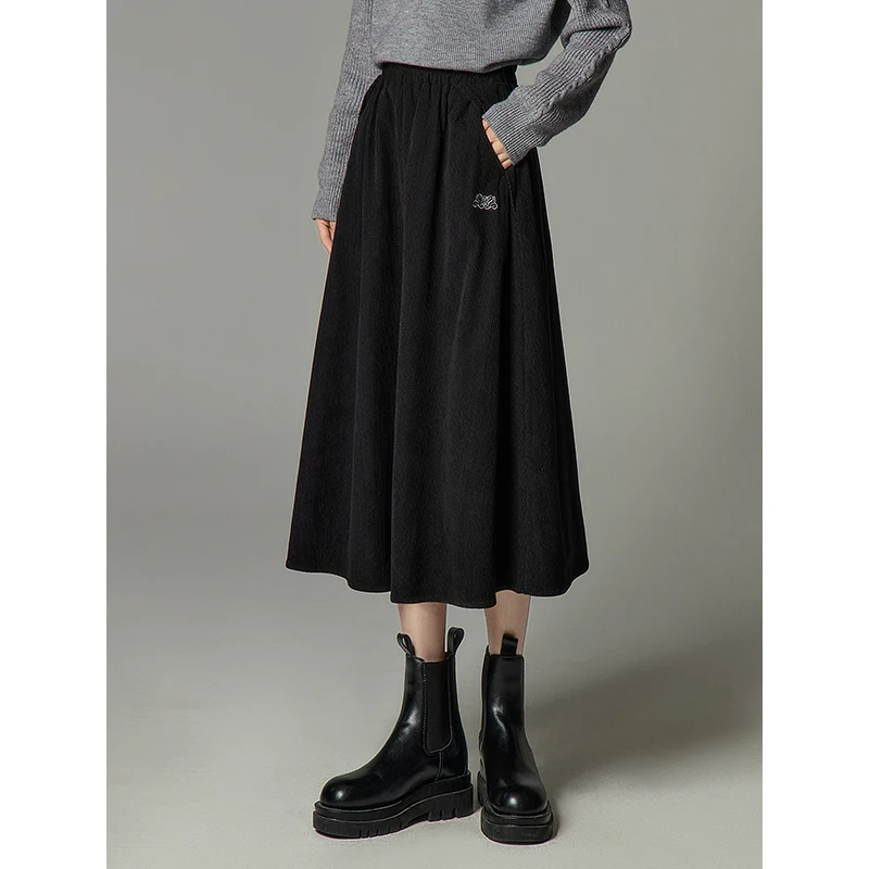 Toyouth Women Corduroy Skirt 2023 Winter Elastic Waist A-shaped Loose Embroidery Pattern Vintage Versatile Black Coffee Skirt