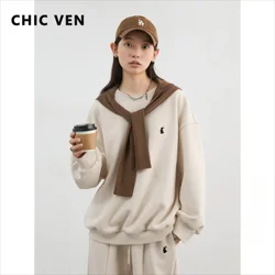 CHIC VEN Women Sweatshirts Loose New O Neck Embroidered Fleece Pullover Hoodie Elastic Waist Casual Pants Set Autumn Winter 2024