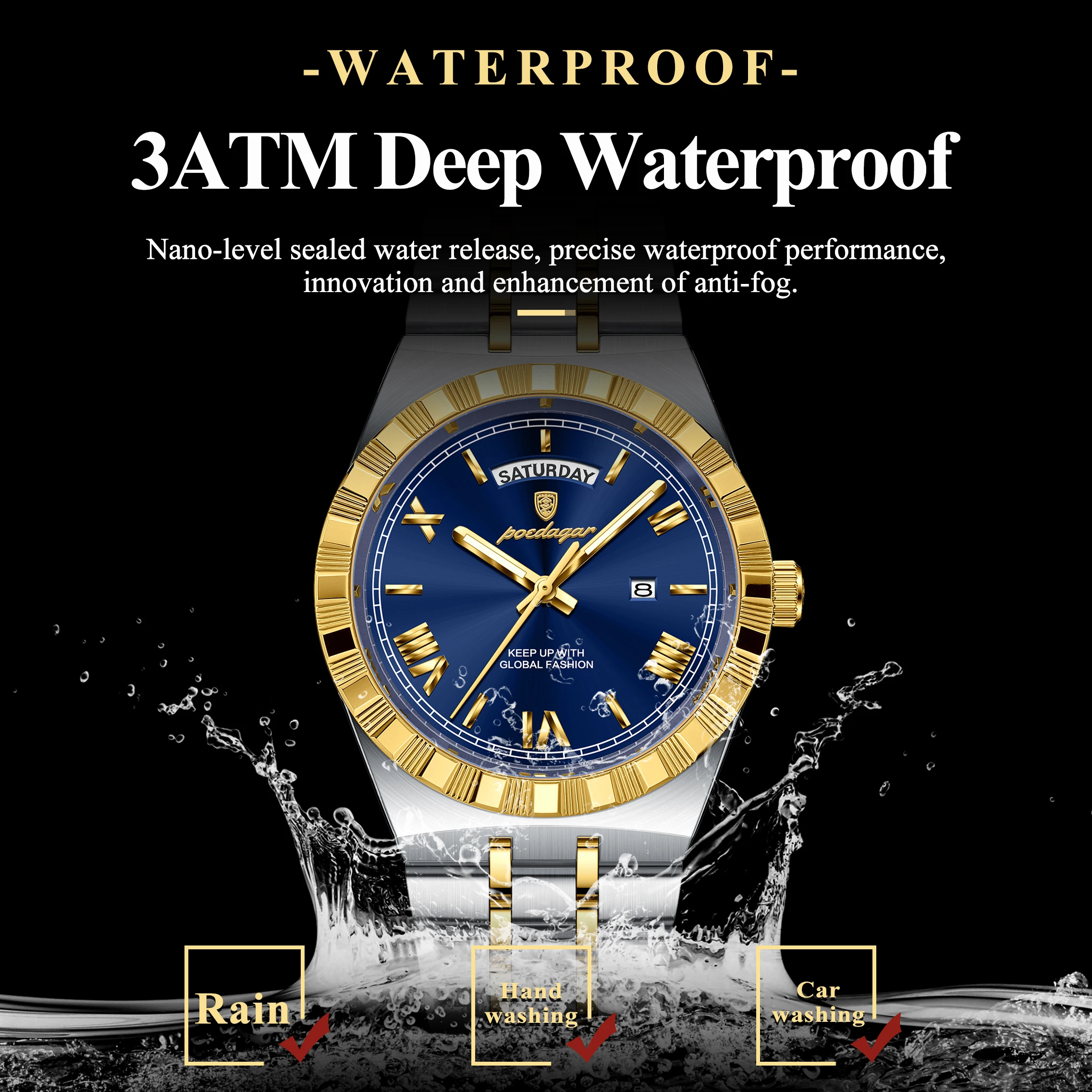 POEDAGAR موضة ساعات للرجال تاريخ الأسبوع مقاوم للماء ساعة رجالية مضيئة الفولاذ المقاوم للصدأ كوارتز ساعة يد رجالية رائعة Reloj