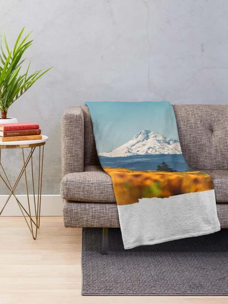 Vintage Mount Hood from Columbia River Gorge with Sunflowers Throw Blanket Giant Sofa Soft Plaid christmas decoration Blankets