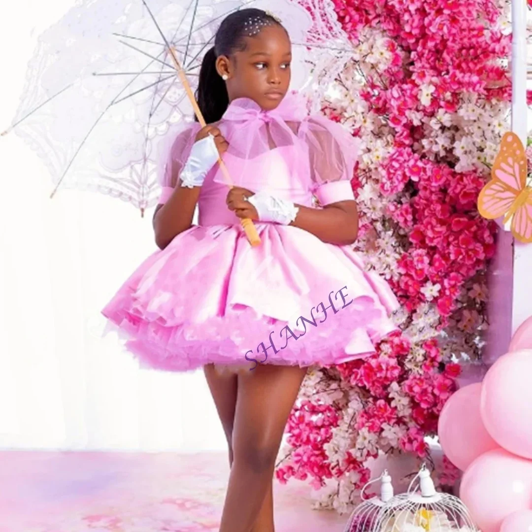 فستان فتاة الزهور الوردي المخصص لحفلات الزفاف منتفخ طول الركبة وأكمام قصيرة لطيف طفل أطفال عيد ميلاد أول مناولة فستاين سهرة/فساتين الحفلات